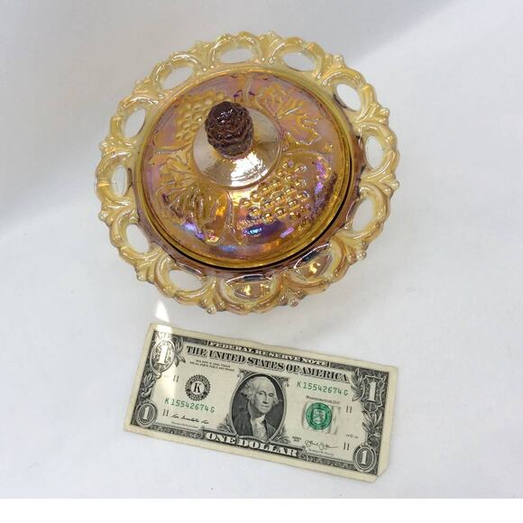 Amber Carnival Depression Glass Covered Spooner Dish - Picture 5 of 5